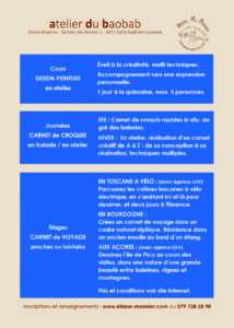 Programme 2025 de l'Atelier du Baobab, cours de dessin, peinture et stages de carnet de voyage