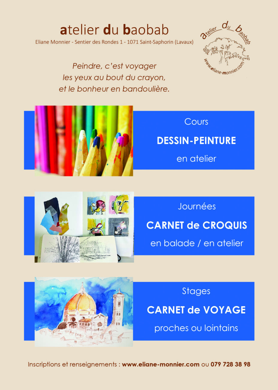 Programme 2025 de l'Atelier du Baobab, cours de dessin, peinture et stages de carnet de voyage